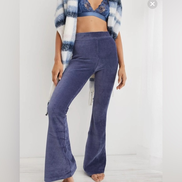 aerie Pants - Aerie Groove-On Velour High Waisted Flare Pants-Blue/Purple    Size: S Regular